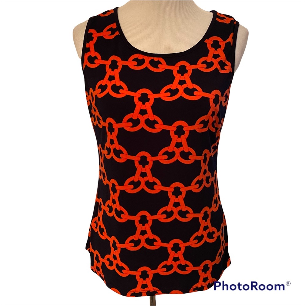 FRANK LYMAN DESIGN TANK TOP WIDE STRAP SCOOP NECK BLUE RED CHAIN STRETCH Size 10